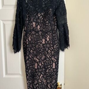 Lela Rose Black Floral Lace Long Sleeve Dress